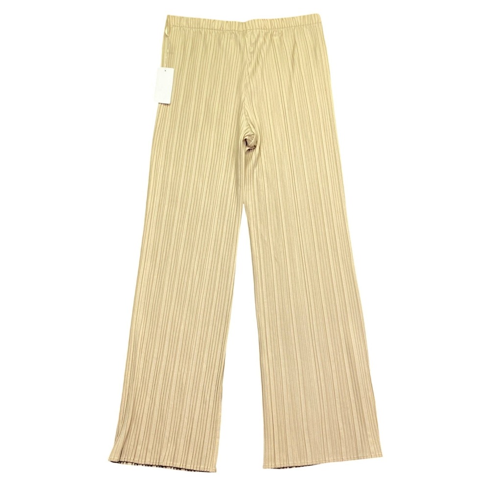 Uniqlo Women Pleated Straight Pants Beige Plisse Elastic Waist Large NWT